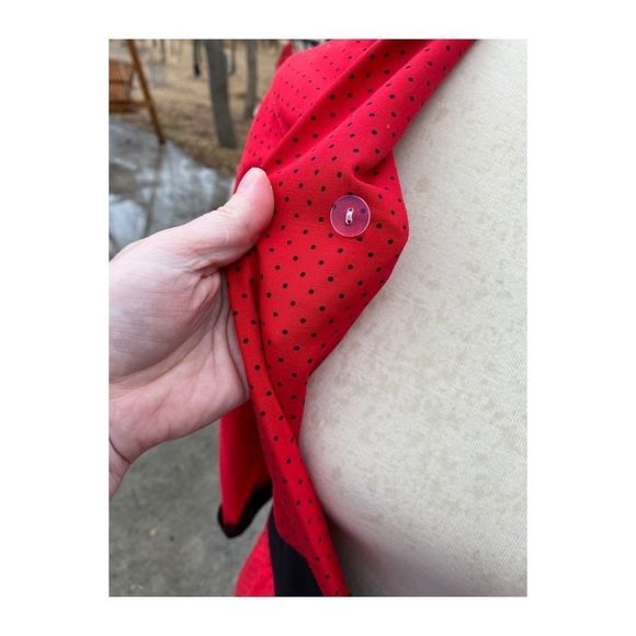 Vtg 80s Batwing A Line Dress Red Black Polkadot - Picture 9 of 16